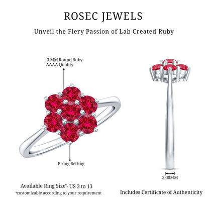 Certified Round Cut Lab Created Ruby Cluster Flower Ring