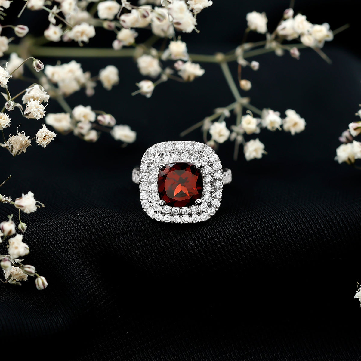 Natural Garnet Double Halo Engagement Ring with Moissanite