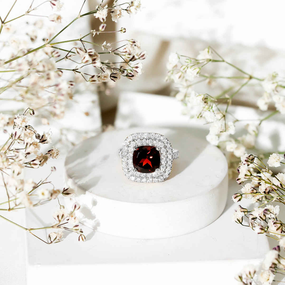 Natural Garnet Double Halo Engagement Ring with Moissanite