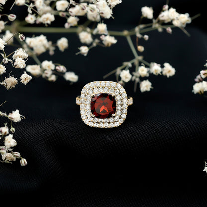 Natural Garnet Double Halo Engagement Ring with Moissanite