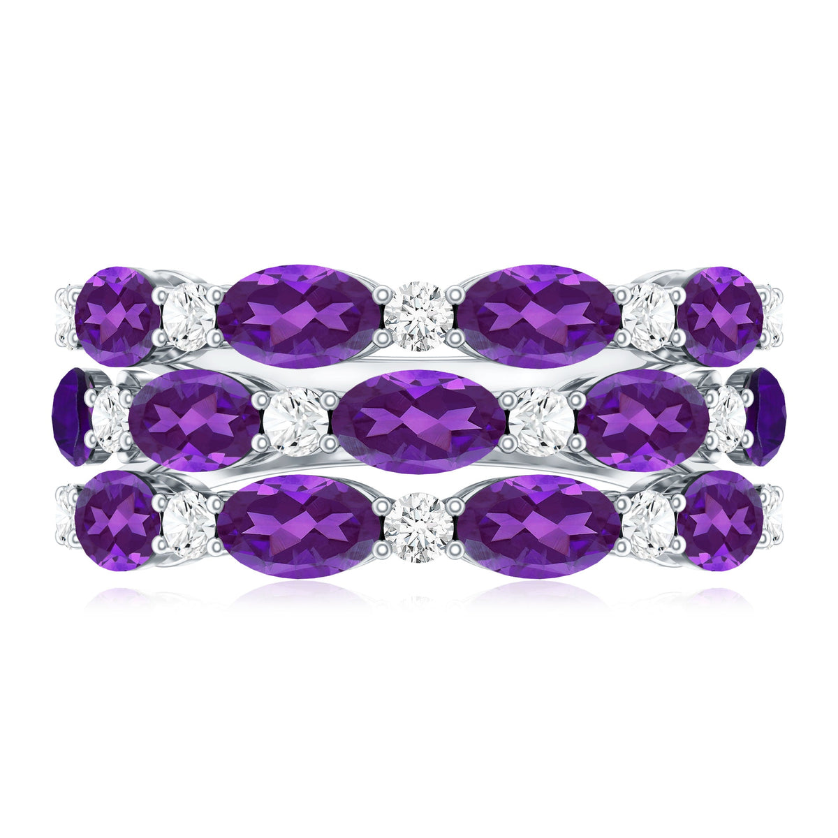 Certified Amethyst and Moissanite Three Row Wedding Band