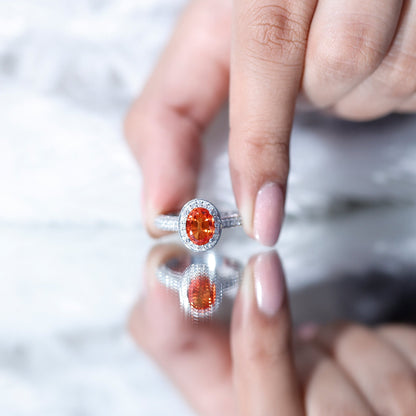 1.5 Carat Lab Grown Orange Sapphire Engagement Ring with Diamond Halo