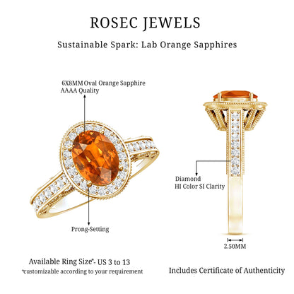 1.5 Carat Lab Grown Orange Sapphire Engagement Ring with Diamond Halo