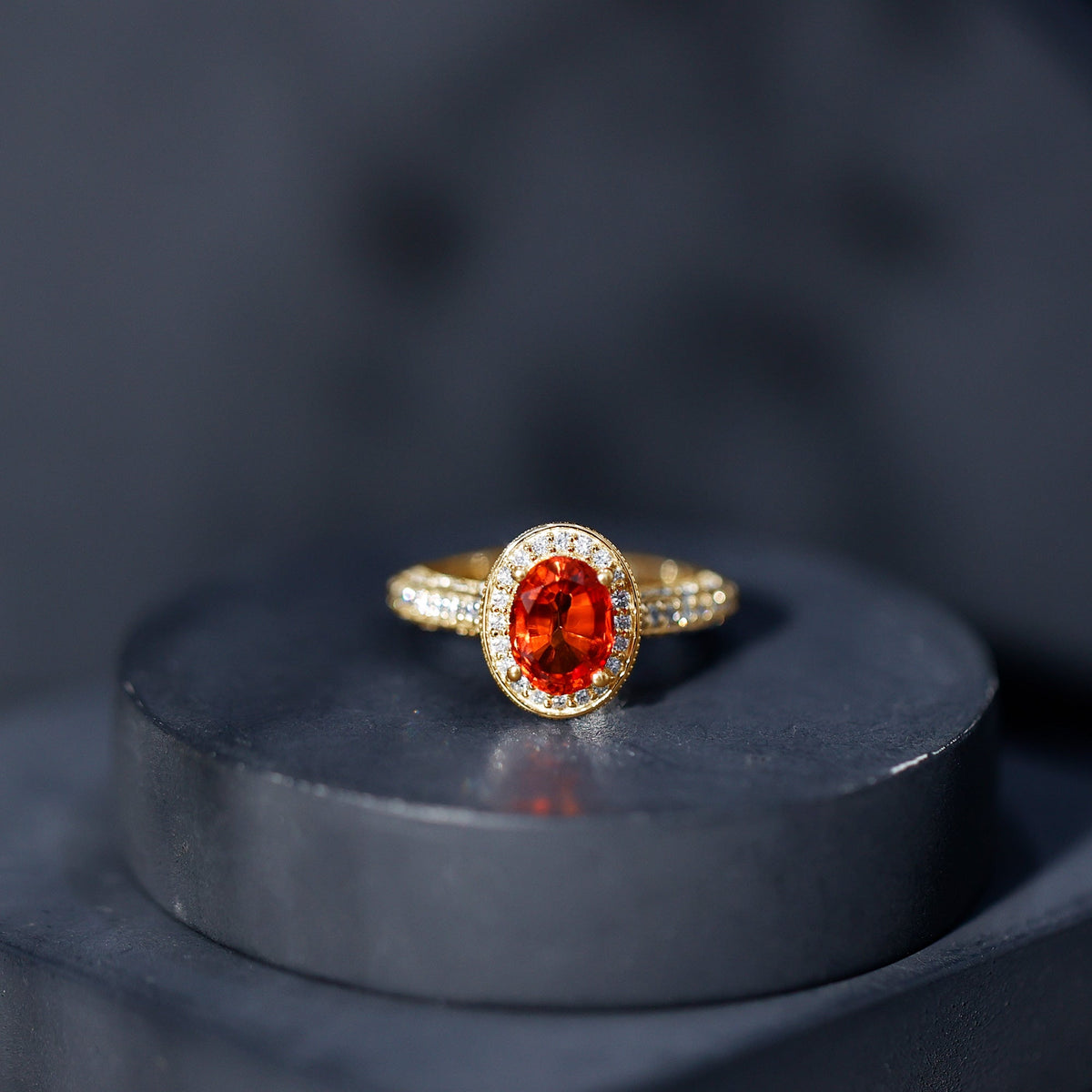 1.5 Carat Lab Grown Orange Sapphire Engagement Ring with Diamond Halo