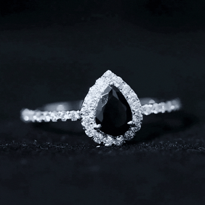 Natural Black Spinel Pear Shaped Engagement Ring with Diamond Halo