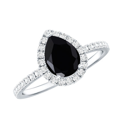 Natural Black Spinel Pear Shaped Engagement Ring with Diamond Halo