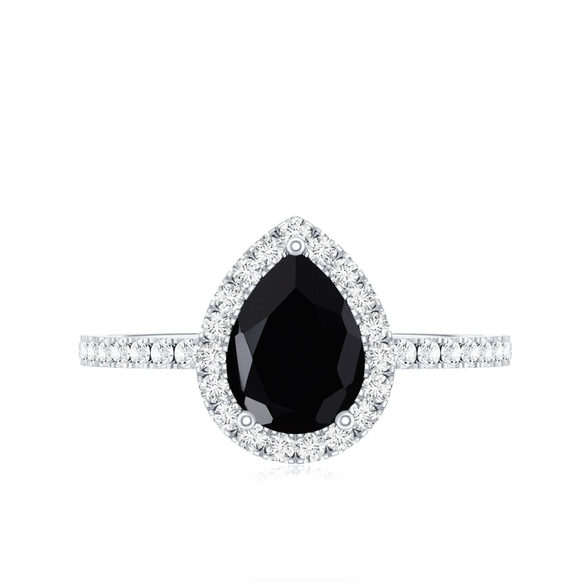 Natural Black Spinel Pear Shaped Engagement Ring with Diamond Halo