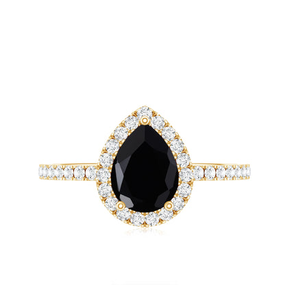 Natural Black Spinel Pear Shaped Engagement Ring with Diamond Halo