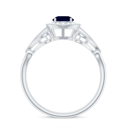 Vintage Looking Blue Sapphire with Diamond Halo Engagement Ring