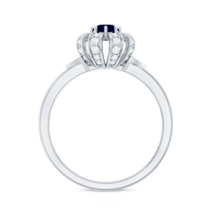 Real Blue Sapphire Flower Engagement Ring with Diamond
