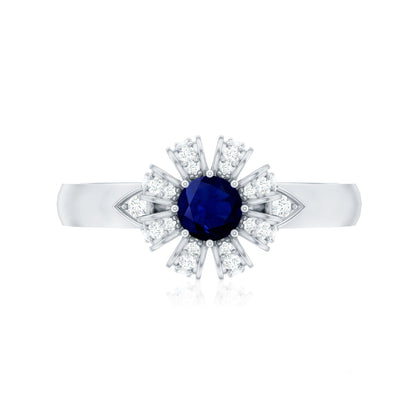 Real Blue Sapphire Flower Engagement Ring with Diamond
