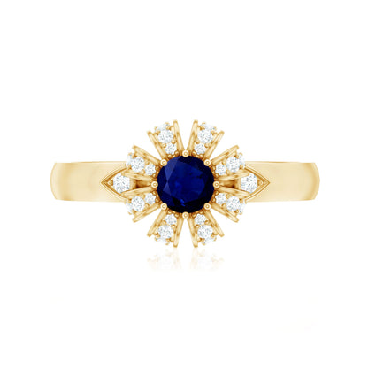 Real Blue Sapphire Flower Engagement Ring with Diamond