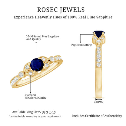 Vintage Inspired Blue Sapphire and Diamond Engagement Ring with Milgrain Details