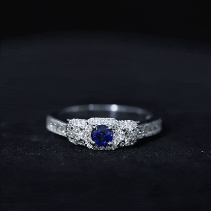 Vintage Inspired Blue Sapphire 3 Stone Engagement Ring with Diamond