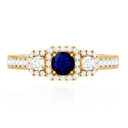 Vintage Inspired Blue Sapphire 3 Stone Engagement Ring with Diamond
