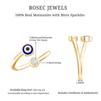 Bezel Set Moissanite and Enameled Evil Eye Ring