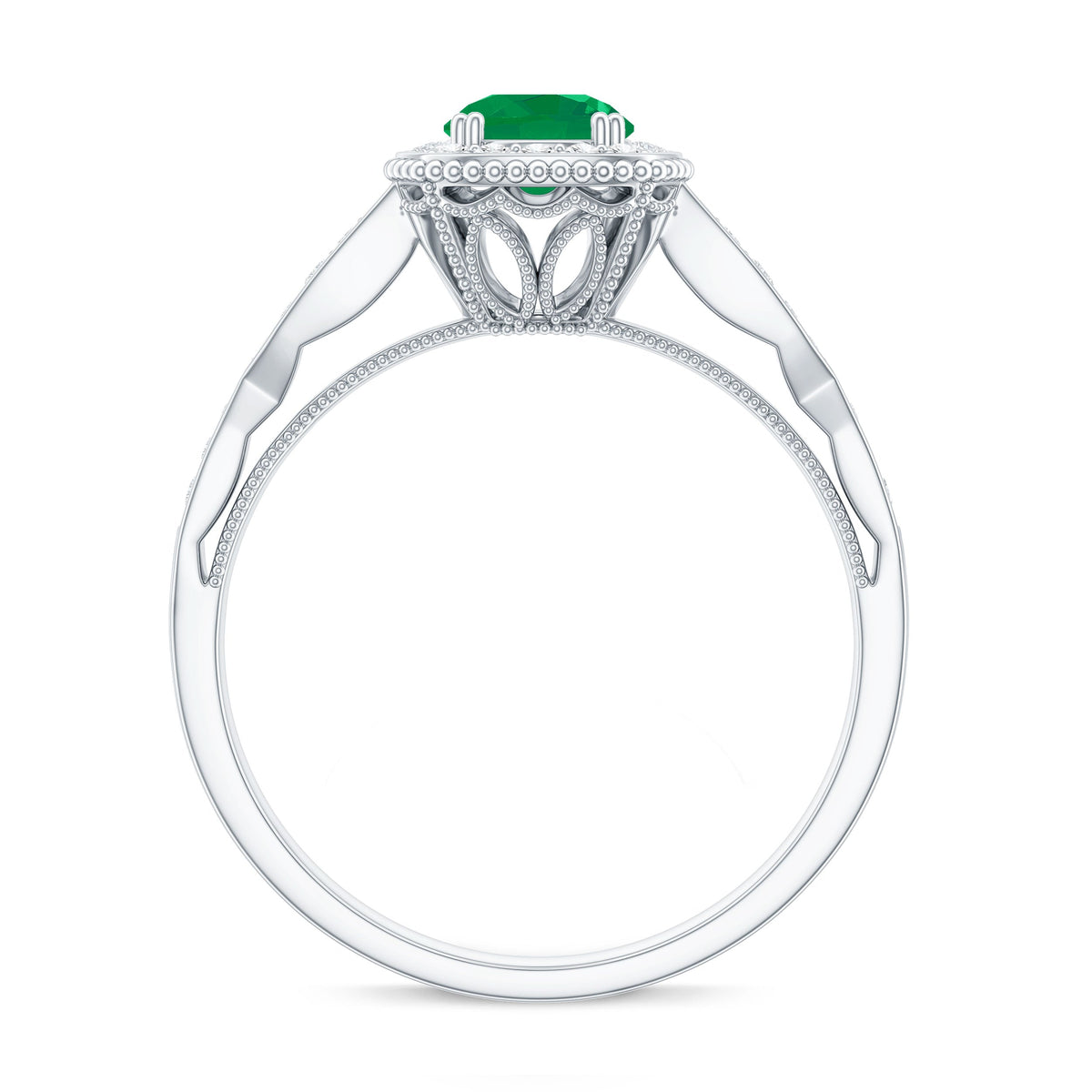 Emerald Vintage Looking Engagement Ring with Diamond Halo