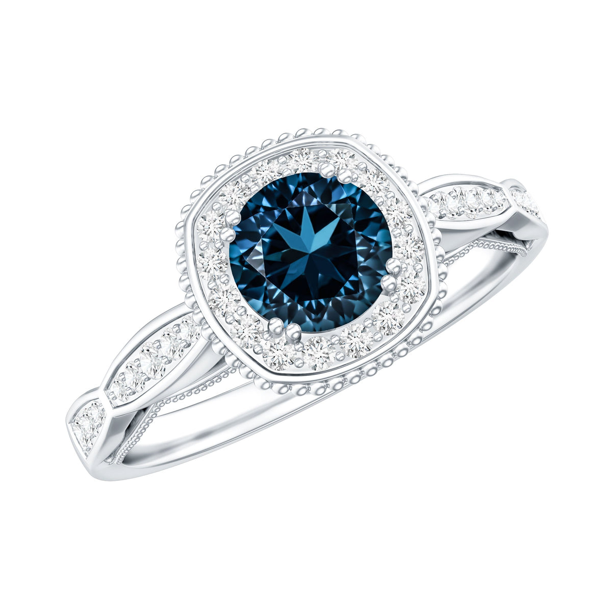 0.6 Carat London Blue topaz Vintage Inspired Ring with Diamond Halo