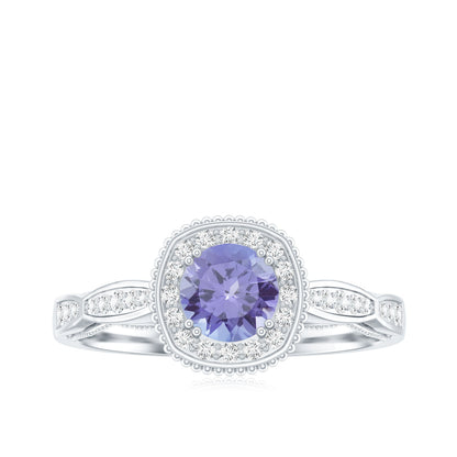 Vintage Style Tanzanite Engagement Ring with Diamond Halo for Women