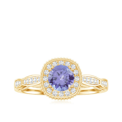 Vintage Style Tanzanite Engagement Ring with Diamond Halo for Women