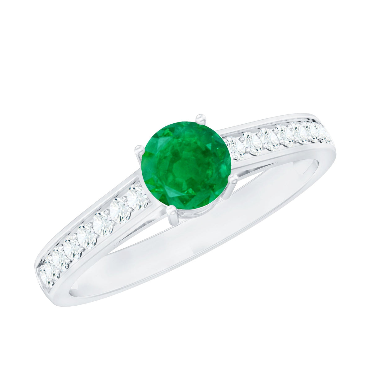 0.4 Carat Genuine Emerald Solitaire Engagement Ring with Diamond Side Stones