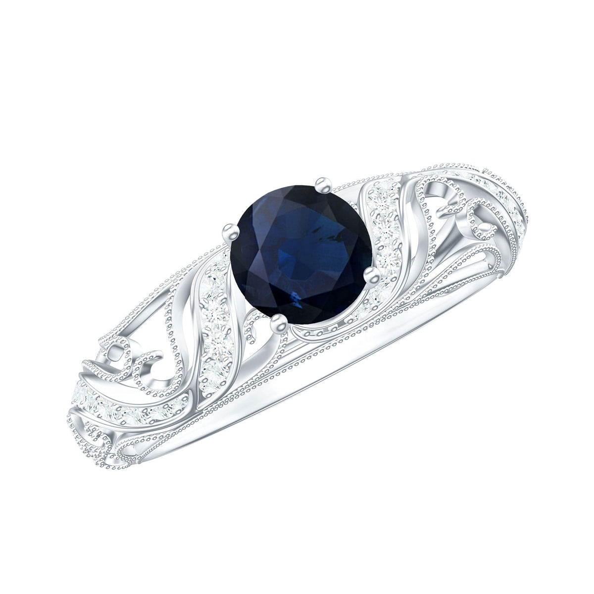 Certified 0.9 Carat Real Blue Sapphire and Diamond Vintage Looking Engagement Ring