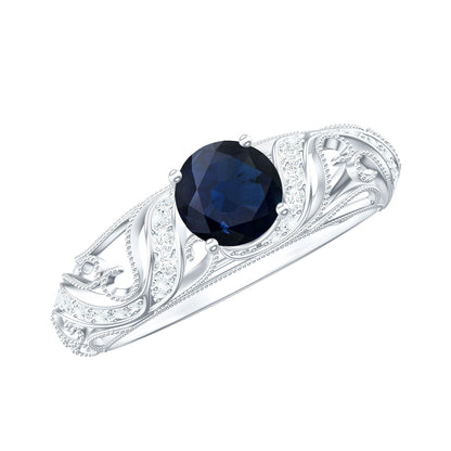 Certified 0.9 Carat Real Blue Sapphire and Diamond Vintage Looking Engagement Ring