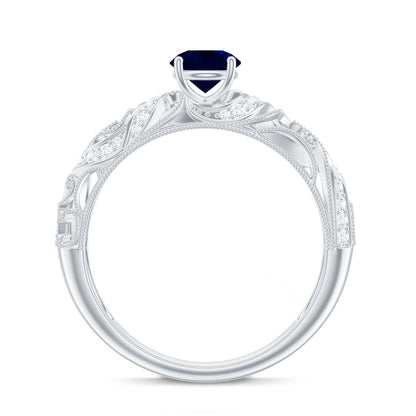 Certified 0.9 Carat Real Blue Sapphire and Diamond Vintage Looking Engagement Ring