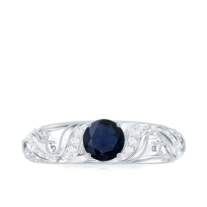 Certified 0.9 Carat Real Blue Sapphire and Diamond Vintage Looking Engagement Ring