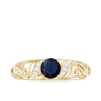 Certified 0.9 Carat Real Blue Sapphire and Diamond Vintage Looking Engagement Ring