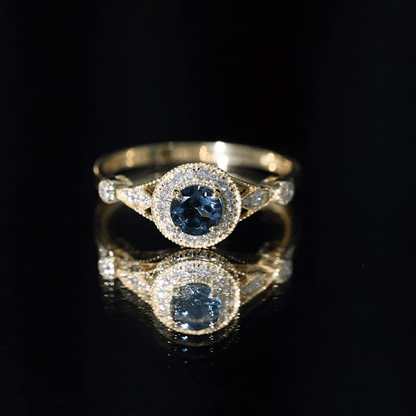 0.6 Carat London Blue Topaz Antique Engagement Ring with Diamond Halo