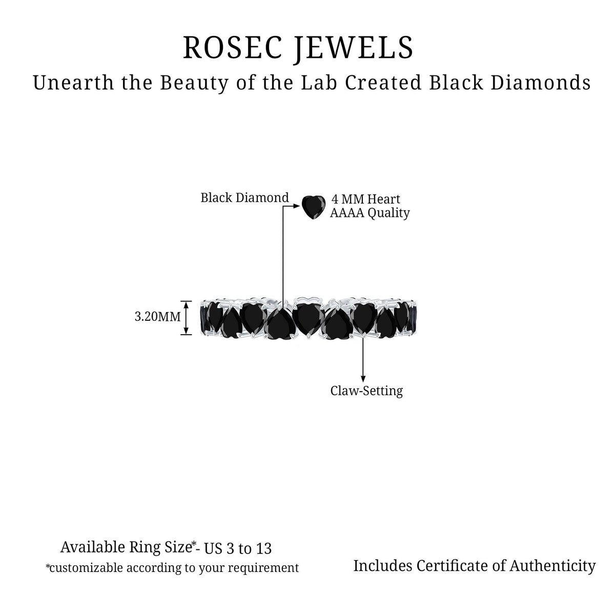 Certified Lab Grown Black Diamond Heart Eternity Ring for Women