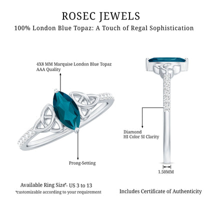 0.74 Carat Marquise Cut London Blue Topaz Celtic Engagement Ring with Diamond