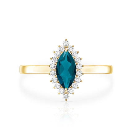 Elongated Marquise Blue Topaz Engagement Ring with Diamond Halo