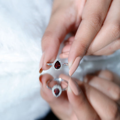 Classic Garnet Teardrop Engagement Ring with Diamond Halo