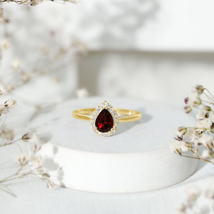 Classic Garnet Teardrop Engagement Ring with Diamond Halo