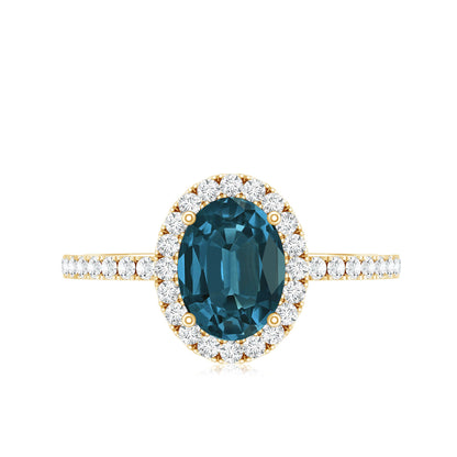 1 Carat Oval Cut London Blue Topaz Classic Engagement Ring with Diamond Halo