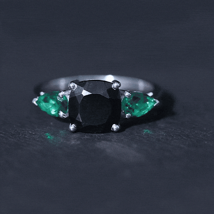 2.8 Carat Certified Lab Grown Black Diamond 3 Stone Engagement Ring with Emerald