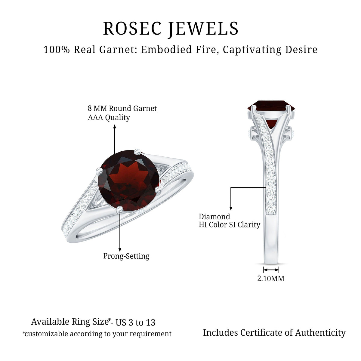 Natural Garnet Solitaire Engagement Ring with Diamond Split Shank