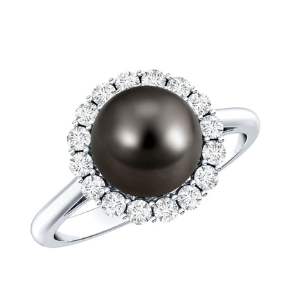 Natural Tahitian Pearl and Diamond Halo Engagement Ring