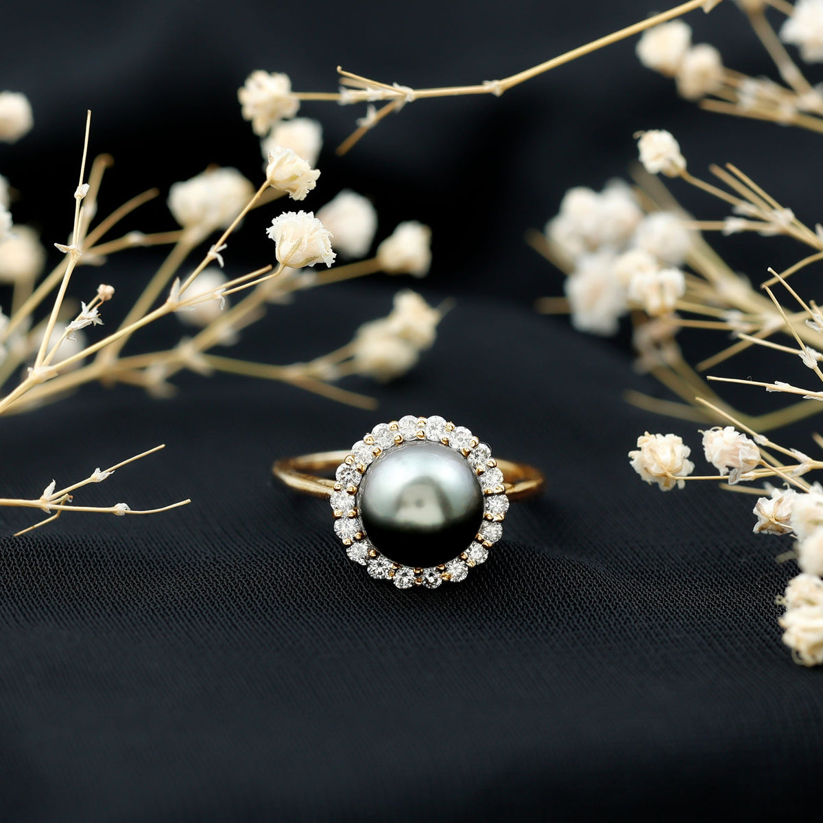 Natural Tahitian Pearl and Diamond Halo Engagement Ring