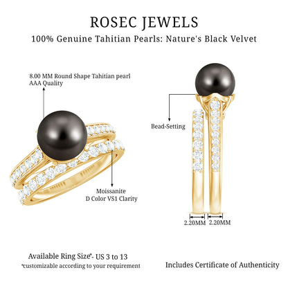 Elegant Wedding Ring Set with 7.5 Carat Tahitian Pearl and Moissanite