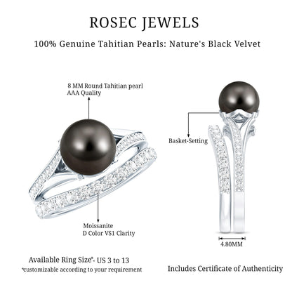 Designer Tahitian Black Pearl Wedding Ring Set with Moissanite