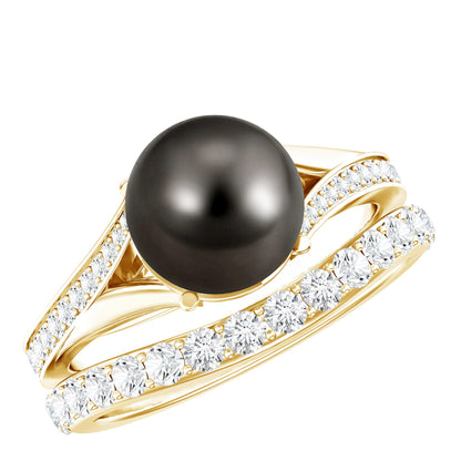 Designer Tahitian Black Pearl Wedding Ring Set with Moissanite