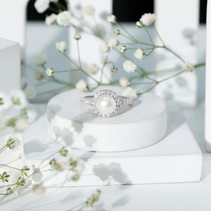 Cultured 7.4 Carat Freshwater Pearl Diamond Engagement Ring with Halo