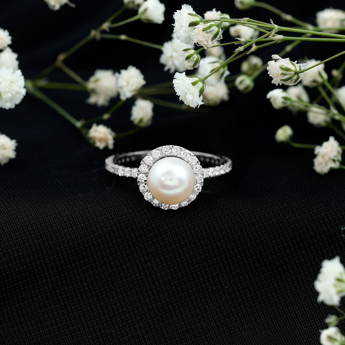 Cultured 7.4 Carat Freshwater Pearl Diamond Engagement Ring with Halo