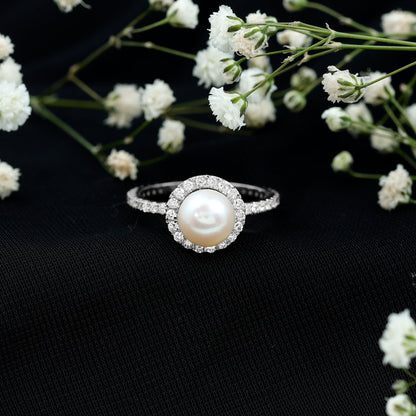Cultured 7.4 Carat Freshwater Pearl Diamond Engagement Ring with Halo