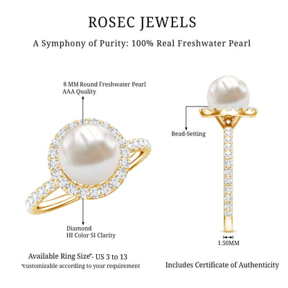 Cultured 7.4 Carat Freshwater Pearl Diamond Engagement Ring with Halo