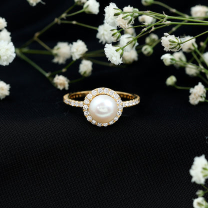 Cultured 7.4 Carat Freshwater Pearl Diamond Engagement Ring with Halo