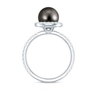 Halo Engagement Ring with Tahitian Pearl and Diamond